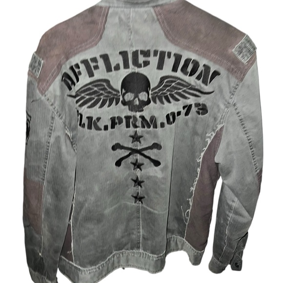 Affliction Men's Gray Black Denim Moto Motorcycle Jacket size 2XL